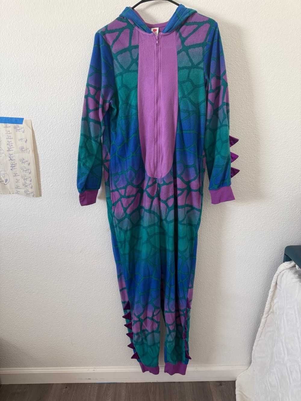 Target Adult Purple & Teal Dinosaur One-Piece Zip Hooded Jumpsuit Size Medium